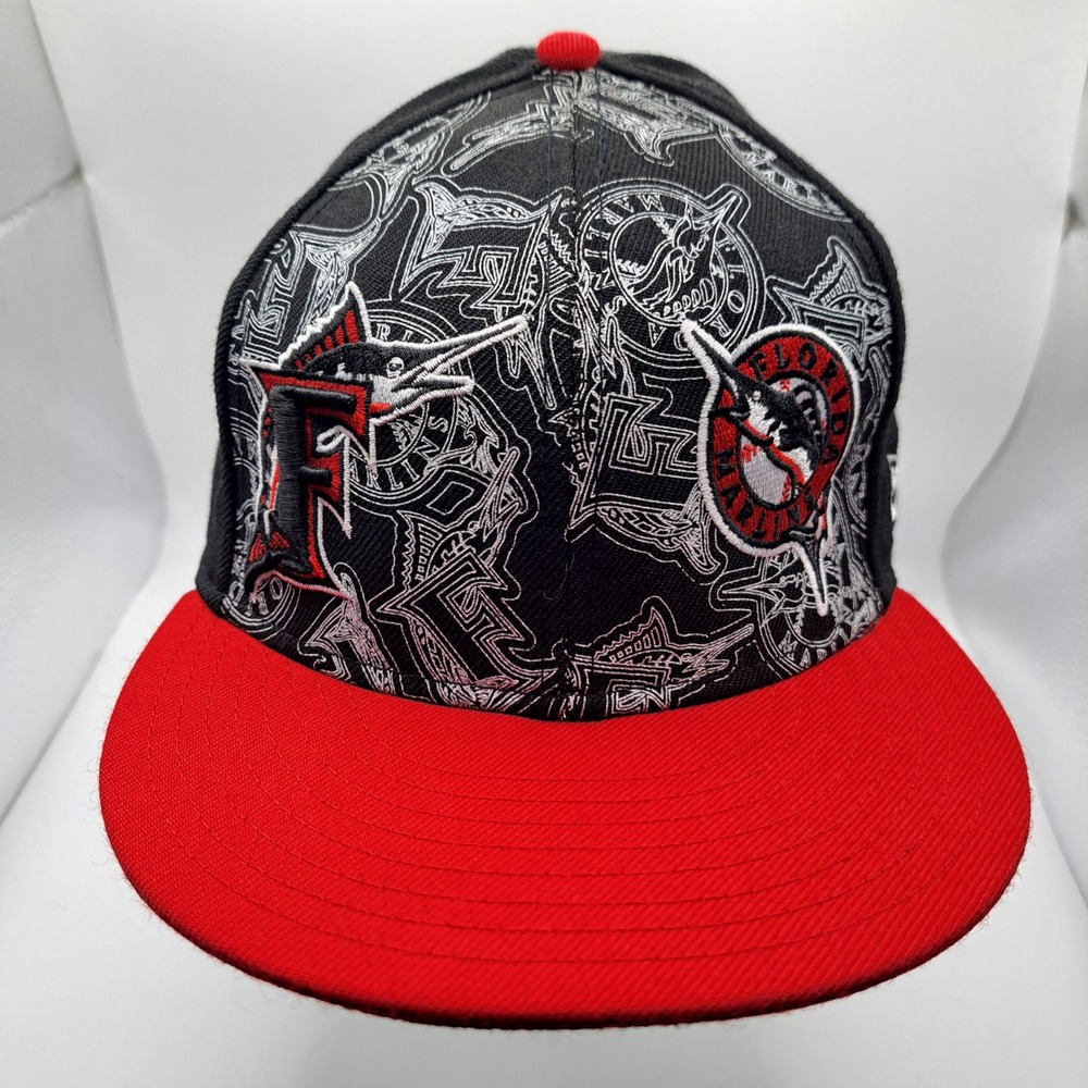 New Era Florida Marlins Fitted Hat Mens 7 1/2 Black Red All Over Print 59FIFTY